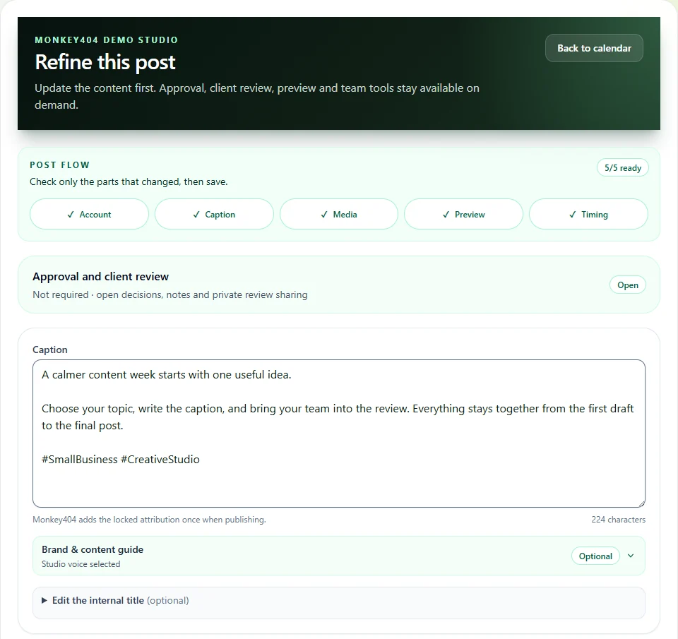 The actual Monkey404 composer: a ready post, saved caption and selected brand guide.